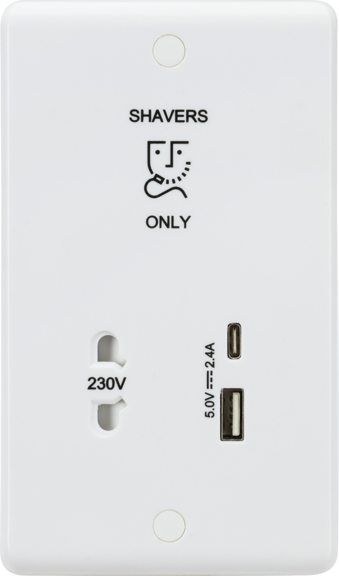Knightsbridge MLA  CU8909 230V Shaver Socket with Dual USB A+C (5V DC 2.4A shared, Max. 12W)