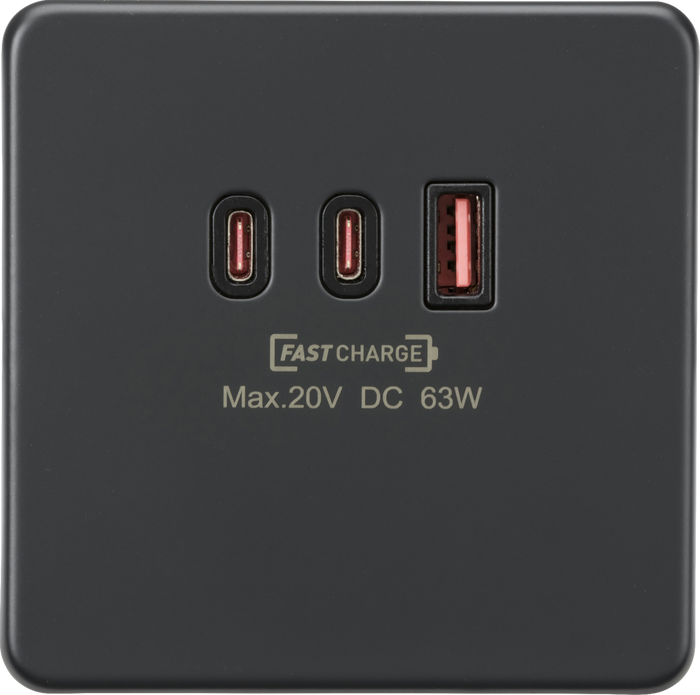 Knightsbridge MLA Screwless SF63WAT 230V Triple USB Charger Plate 2xUSB-C 1xUSB-A [20V DC Max. 63W] - Anthracite