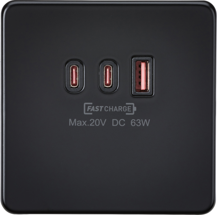 Knightsbridge MLA Screwless SF63WMB 230V Triple USB Charger Plate 2xUSB-C 1xUSB-A [20V DC Max. 63W] - Matt Black
