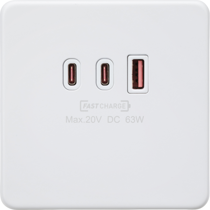 Knightsbridge MLA Screwless SF63WMW 230V Triple USB Charger Plate 2xUSB-C 1xUSB-A [20V DC Max. 63W] - Matt White