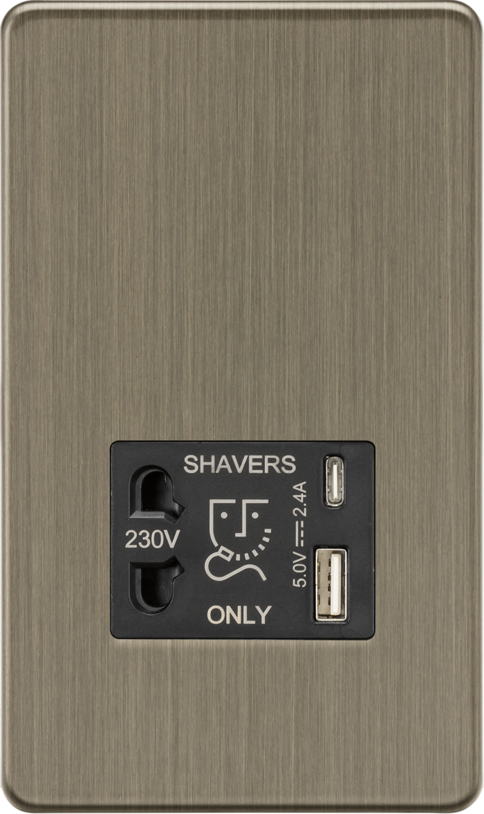 Knightsbridge MLA Screwless SF8909AB Shaver socket with dual USB A+C (5V DC 2.4A shared) - Antique Brass