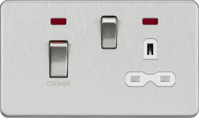Knightsbridge MLA Screwless SFR83MNBCW 45A DP Switch & 13A Socket with Neons - Brushed Chrome with White Insert