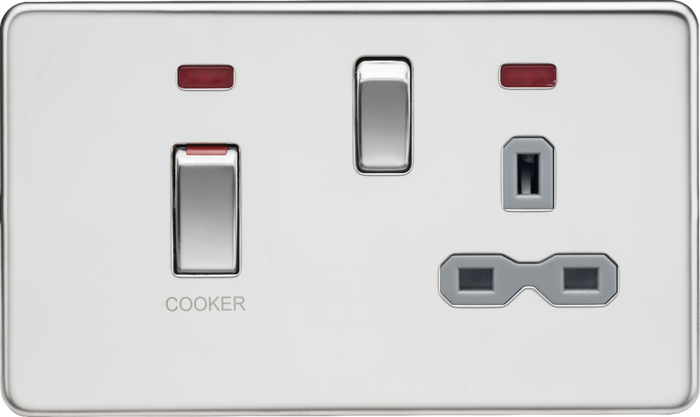 Knightsbridge MLA Screwless SFR83MNPCG 45A DP Switch & 13A Socket with Neons - Polished Chrome with Grey Insert