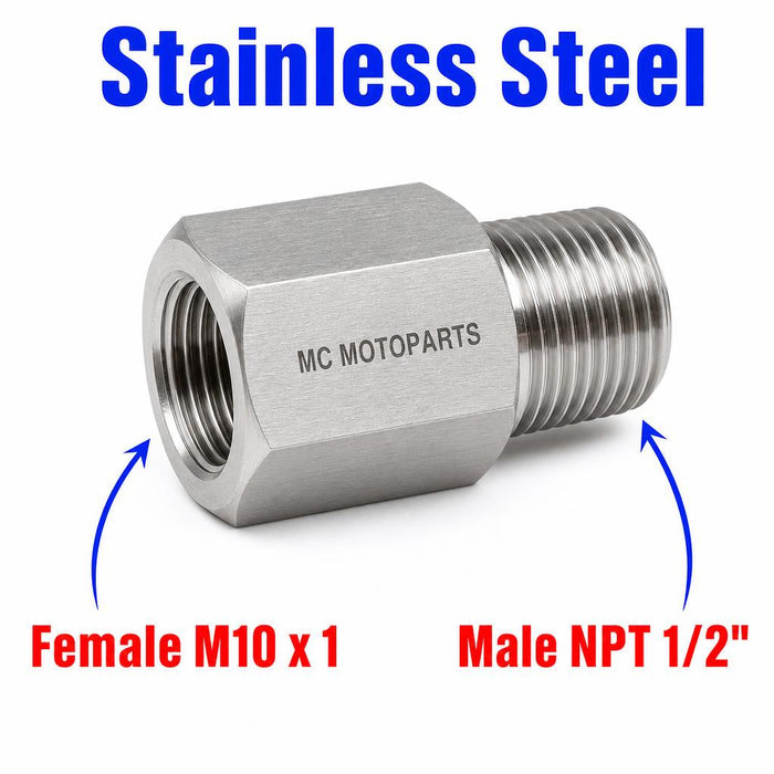 Stainless steel M10x1 female to 1/2 inch NPT male sensor adaptor fitting for conversion, shown in close-up.