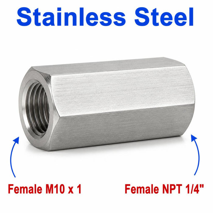 Stainless steel M10x1 female to 1/4 inch NPT female sensor adaptor fitting for conversion, MC Motoparts APS series.