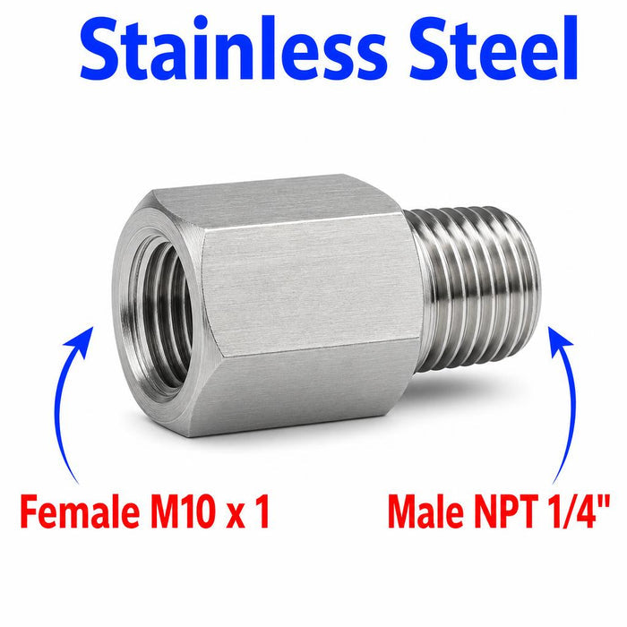 Stainless steel M10x1 female to 1/4 inch NPT male sensor adaptor fitting for automotive or industrial use, by MC Motoparts.