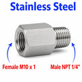 Stainless steel M10x1 female to 1/4 inch NPT male sensor adaptor fitting for automotive or industrial use, by MC Motoparts.