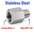 Stainless steel M10x1 female to 1/8 inch NPT male sensor adaptor fitting for conversion, by MC Motoparts, APS series.