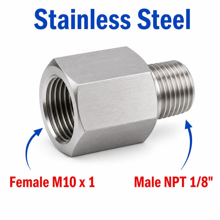 Stainless steel M10x1 female to 1/8 inch NPT male sensor adaptor fitting for conversion, by MC Motoparts, APS series.