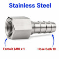 Stainless steel M10x1 female to BARB OD 10mm sensor adaptor fitting from MC Motoparts, used for fluid or sensor connections.