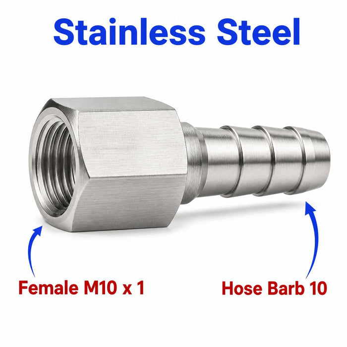 Stainless steel M10x1 female to BARB OD 10mm sensor adaptor fitting from MC Motoparts, used for fluid or sensor connections.