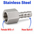 Stainless steel M10x1 female to 8mm Barb sensor adaptor fitting, MC Motoparts APS conversion fitting for automotive sensors.