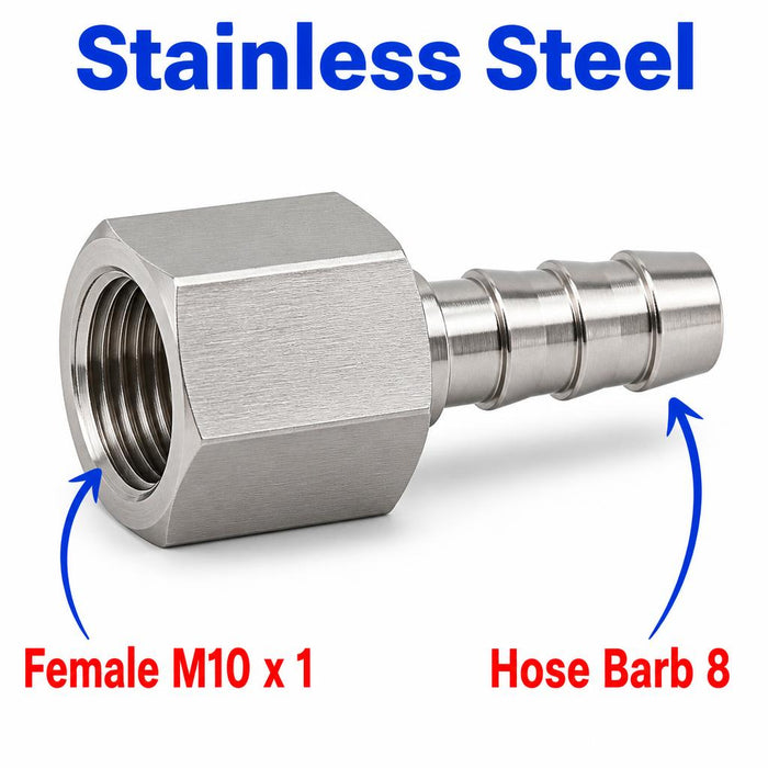 Stainless steel M10x1 female to 8mm Barb sensor adaptor fitting, MC Motoparts APS conversion fitting for automotive sensors.