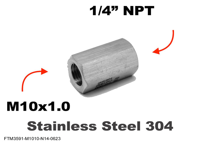 Stainless steel M10x1.0 female to 1/4 inch NPT female sensor adaptor fitting for conversion by MC Motoparts