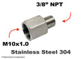 Stainless M10x1.0 female to 3/8 inch NPT male sensor adaptor fitting for automotive or plumbing connections.