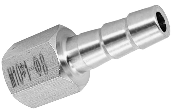 Stainless steel M10x1.0 female to barb 10mm (0.4 inch) hose connector adapter fitting for motorcycle fuel or fluid lines.