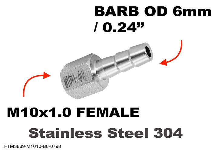 Stainless steel M10x1.0 female to 6mm barb hose connector adapter fitting for motorcycle fuel or hydraulic lines.