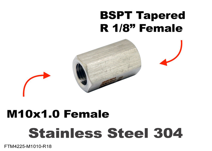 Stainless steel M10x1.0 female to BSPT tapered 1/8 inch female sensor adaptor fitting for conversion applications