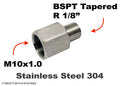 Stainless steel M10x1.0 female to 1/8 inch BSPT male sensor adaptor fitting for conversion applications.