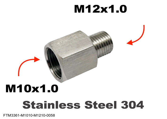 Stainless steel M10x1.0 female to M12x1.0 male sensor adaptor fitting by MC Motoparts for vehicle sensor conversions.