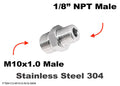 Stainless steel M10x1.0 male to 1/8 inch NPT male sensor adaptor fitting for hydraulic or fluid connections.