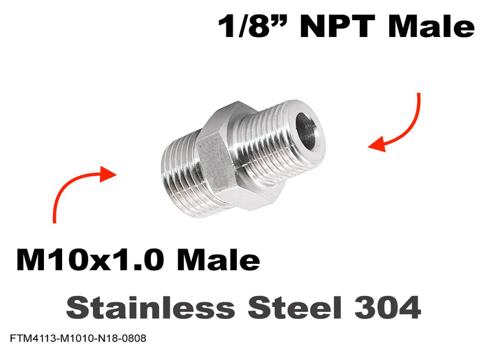 Stainless steel M10x1.0 male to 1/8 inch NPT male sensor adaptor fitting for hydraulic or fluid connections.