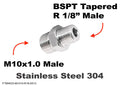 Stainless steel M10x1.0 male to BSPT tapered 1/8 inch male sensor adaptor fitting for conversion applications.
