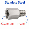 Stainless steel M10x1.25 female to M10x1 male sensor adaptor fitting for conversion, part of APS Fittings by MC Motoparts.