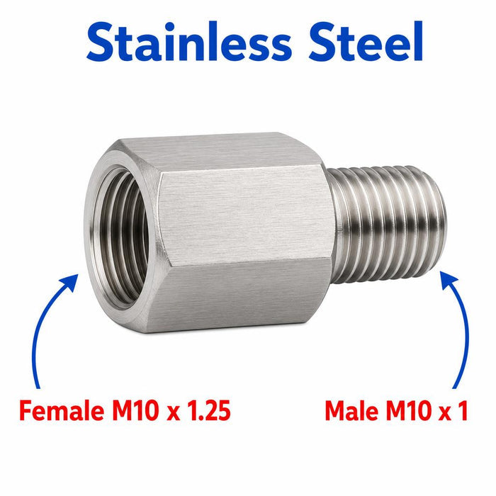 Stainless steel M10x1.25 female to M10x1 male sensor adaptor fitting for conversion, part of APS Fittings by MC Motoparts.
