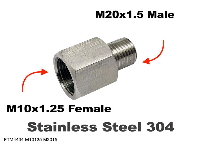 Stainless steel M10x1.25 female to M20x1.5 male sensor adaptor fitting for automotive use by MC Motoparts