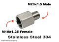 Stainless steel M10x1.25 female to M20x1.5 male sensor adaptor fitting for automotive use by MC Motoparts