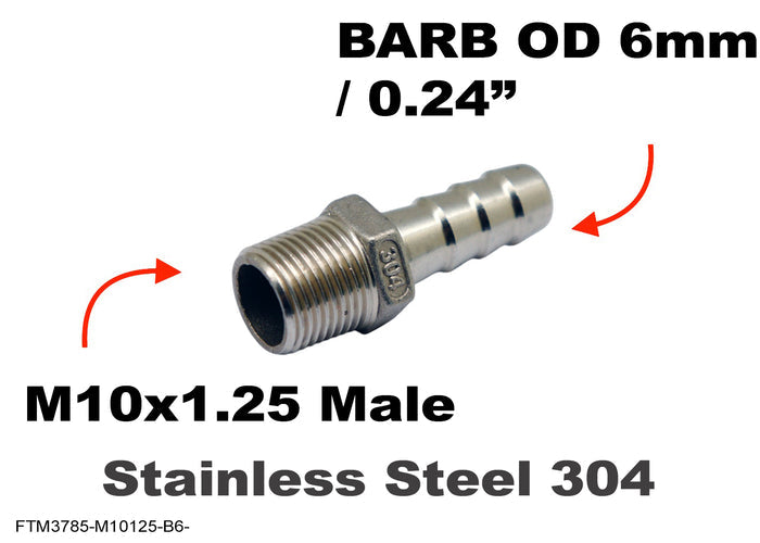 Stainless steel M10x1.25 male to 6mm barb hose connector adaptor fitting for motorcycle fuel or fluid lines.