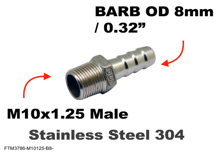 Stainless steel M10x1.25 male to 8mm barb hose connector adaptor fitting for fluid connections.