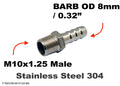 Stainless steel M10x1.25 male to 8mm barb hose connector adaptor fitting for fluid connections.