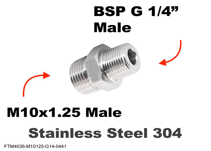 Stainless steel M10x1.25 male to BSP G 1/4 inch male sensor adaptor fitting for conversion, by MC Motoparts.