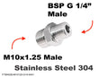 Stainless steel M10x1.25 male to BSP G 1/4 inch male sensor adaptor fitting for conversion, by MC Motoparts.