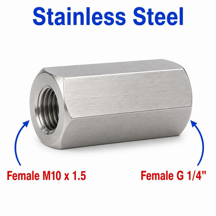 Stainless steel M10x1.5 to BSP G 1/4 female sensor adaptor fitting by MC Motoparts, showing the threaded metal components.