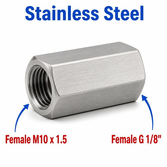 Stainless steel M10x1.5 female to BSP G 1/8 inch female sensor adaptor fitting for conversion, used in automotive applications.
