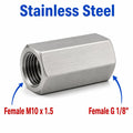 Stainless steel M10x1.5 female to BSP G 1/8 inch female sensor adaptor fitting for conversion, used in automotive applications.