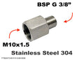Stainless steel M10x1.5 female to BSP G 3/8 inch male sensor adaptor fitting for conversion by MC Motoparts.