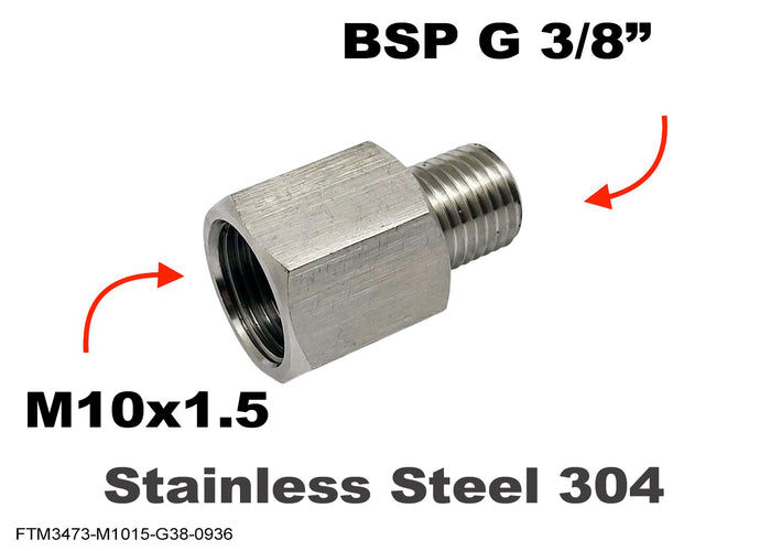 Stainless steel M10x1.5 female to BSP G 3/8 inch male sensor adaptor fitting for conversion by MC Motoparts.