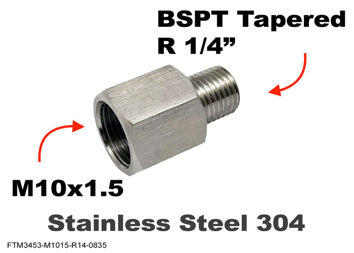 Stainless steel M10x1.5 female to 1/4 inch BSPT male sensor adaptor fitting for conversion applications.