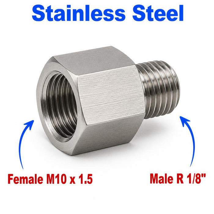 Stainless steel M10x1.5 female to 1/8 inch male BSPT tapered sensor adaptor fitting for conversion, by MC Motoparts.