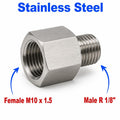 Stainless steel M10x1.5 female to 1/8 inch male BSPT tapered sensor adaptor fitting for conversion, by MC Motoparts.