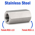 Stainless steel M10x1.5 female to M10x1 female sensor adaptor fitting from MC Motoparts, designed for sensor conversion applications.