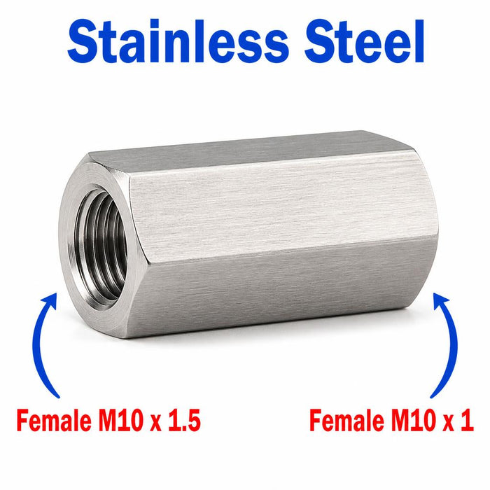 Stainless steel M10x1.5 female to M10x1 female sensor adaptor fitting from MC Motoparts, designed for sensor conversion applications.