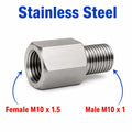 Stainless steel MC Motoparts M10x1.5 female to M10x1 male sensor adaptor fitting for conversion, shown in close-up view