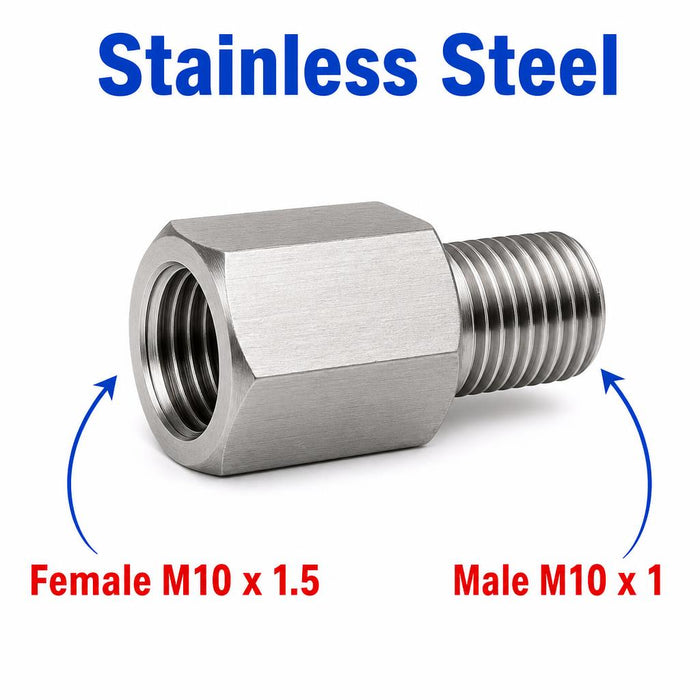 Stainless steel MC Motoparts M10x1.5 female to M10x1 male sensor adaptor fitting for conversion, shown in close-up view