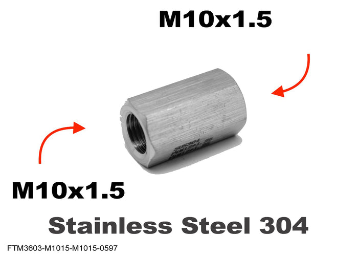 Stainless steel M10x1.5 female to M10x1.5 female sensor adaptor fitting by MC Motoparts, shown in close-up.