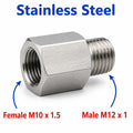 Stainless steel MC Motoparts M10x1.5 female to M12x1 male sensor adaptor fitting for conversion, showing threaded ends and smooth finish.